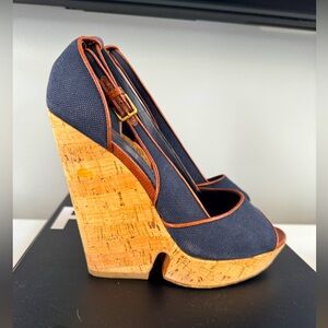 YSL Deauville Blue Canvas Brown Leather Platform Wedge Cork Heels 8